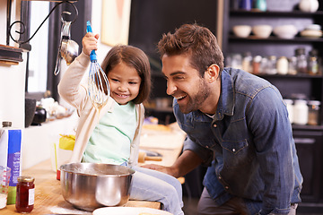 Image showing Cooking, breakfast and father with daughter in kitchen for pancakes, bonding and learning. Food, morning and helping with man and young girl in family home for baking, support and teaching nutrition