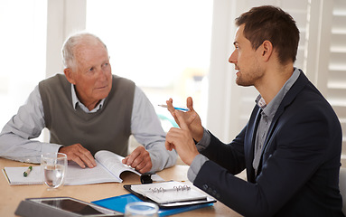 Image showing Financial advisor talking to a senior man with an investment, savings or retirement planning. Discussion, documents and professional accountant helping an elderly male person with finance paperwork.