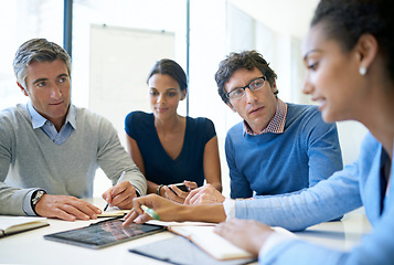 Image showing Planning, strategy and tablet with business people in meeting for idea, project management and teamwork. Review, collaboration and branding with employees in boardroom for digital, data and solution