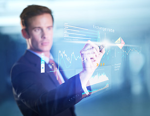 Image showing Finance, dashboard and overlay with a business man using a wireless 3d interface for exchange rate trading. Accounting, software and digital information technology with a male broker or trader online