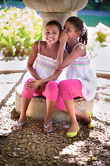 Image showing Children, friends or sisters outdoor for secret while playing, whisper and talking in nature, backyard or park. Girl kids or family together for gossip, trust and portrait in a garden for fun