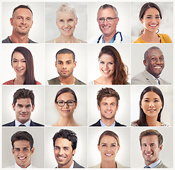 Image showing Montage, face collage or portrait of happy people in a community group or society with career success. Profession headshot, profile picture or mosaic of men or women isolated on white background