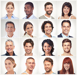 Image showing Diverse, face collage or portrait of happy people in a community group or society with headshots. Diversity, profile picture or mosaic of men or women smiling on isolated white background in studio