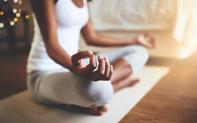 Image showing Woman, hands and yoga in meditation for zen, spiritual wellness or healthy exercise on floor mat at home. Hand of calm female yogi in meditate for relax, mind and health in awareness for wellbeing