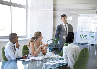 Image showing Business man, presentation and growth meeting of sustainable management team with global chart. Speaking, businessman and sales training of staff working in a conference room with transport strategy