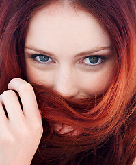 Image showing Haircare, portrait and woman with red hair over mouth for keratin, brazilian or botox treatment. Health, wellness and face of a female model with a clean, long and beautiful hairstyle for self care.