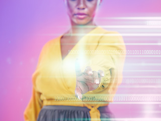 Image showing Touch, hologram and woman hand isolated on neon background in digital data, overlay and futuristic technology. Touchscreen, glow and person of holographic, cyber and system dashboard in studio