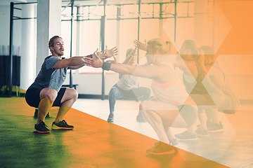 Image showing Fitness group, personal trainer and squat exercise, workout and training in gym class. Athlete man and women team together for power challenge, commitment or strong muscle at club with mockup overlay