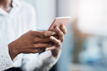 Image showing Businesswoman, typing and closeup of hands with a phone on social media, mobile app or internet. Technology, communication and cellphone for browsing or networking on online website or text message.