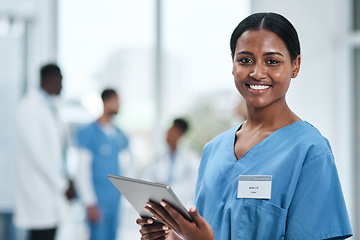 Image showing Medical, woman doctor and portrait with tablet in a clinic reading healthcare and wellness data at hospital. Employee, nurse and Indian female person with digital and health results on technology