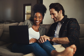 Image showing Laptop, relax and streaming with a couple watching a movie using an online subscription service for entertainment. Computer, internet or interracial man and woman bonding together over a video