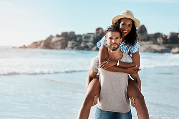 Image showing Beach, piggy back and portrait of happy couple with space, romantic summer holiday and travel to ocean. Love, man and woman with fun at sea, happiness and mockup on vacation time together in Mexico.