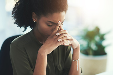 Image showing Burnout, stress and business woman in office with problem, mistake and working on deadline. Headache, anxiety and African female worker with frustrated, stressed out and migraine thinking of solution