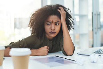 Image showing Burnout, stress and tired business woman in office with workload, pressure and working on deadline. Corporate, anxiety and African female worker overwhelmed, lazy and low energy with fail at desk