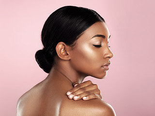 Image showing Beauty, profile and makeup of Indian woman for skincare, facial or wellness treatment or dermatology, spa or cosmetics in studio. Girl, selfcare or luxury mockup or isolated face with skin confidence