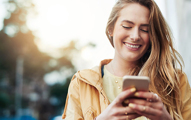 Image showing Woman laugh at meme on smartphone, communication in city and chat on social media with connectivity outdoor. Happy young female person in urban street, text contact with mobile app and comedy online