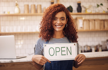 Image showing Open, sign and portrait of happy woman at shop, store and notice of retail trading time, board and advertisement. Small business owner, waitress and advertising cafe opening, signage and information