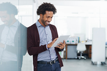 Image showing Smile, digital tablet and black man in office for planning, research and schedule management. Happy, male and african businessman online for digital marketing, research and web app for creative plan