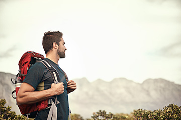 Image showing Hiking, walking or man in nature on mountain for fitness, adventure or fun travel journey. Backpacker, view or workout exercise with male hiker trekking on path for training or freedom to explore