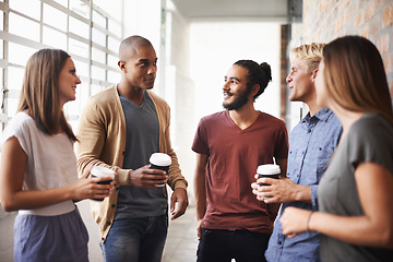 Image showing College, friends and talking with coffee in a hallway for diversity, happiness and a drink. Group of men and women students at campus or university for a chat or conversation about education career