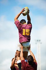 Image showing Rugby, ball and men with fitness, competition and training for wellness, exercise and teamwork. Professional players, group or male athletes with sports, match and practice with workout and challenge