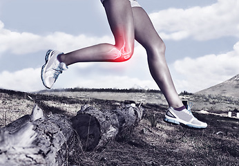 Image showing Legs of woman running, red and knee pain with overlay, fitness and health with injury, bone and medical emergency. X ray, anatomy and skeleton with female runner outdoor, inflammation and sprain