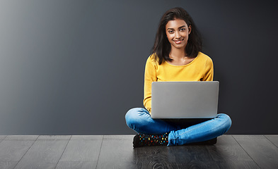Image showing Woman with smile, laptop and technology, student typing with education, mockup space and portrait. Happy, learning and female person studying, research online for project and internet connection