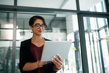 Image showing Work, planning and a woman with a tablet for project management, research and ideas on the internet. Smile, email and a corporate employee reading on technology for business and digital networking