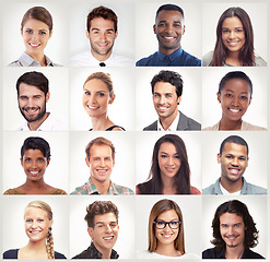 Image showing Diversity, face mosaic or portrait of happy people in a community group or country with diverse races. Headshot of profile pictures, smile or collage of men or women isolated on white background