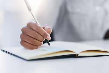 Image showing Hand, pen and writing in notebook or planning, working and notes in journal, book or record for study or research. Person, write and closeup on work, communication or reminder and paper for school