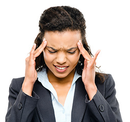 Image showing Business woman, face and stress headache on isolated white background for investment mistake, crisis or financial loss. Hands, pain and burnout migraine for corporate worker with stock market anxiety