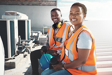 Image showing Portrait, engineer team and black people on coffee break at construction site. Smile, architects and man and woman relax with tea after building project, working or engineering collaboration in city.