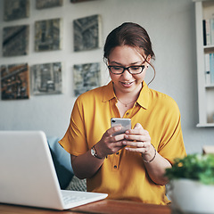 Image showing Phone, app and search with woman in home office for networking, social media and remote worker. Communication, contact and internet with female freelancer for technology, blog and email planning