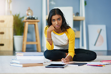 Image showing Learning, student portrait and woman writing in notebook, journal or planner for university report, project or information summary. Education, study and serious person studying for test on home floor