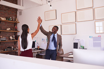 Image showing Happy business people, high five and success for teamwork, winning celebration and office collaboration. Employees, excited black man and celebrate partnership, achievement and motivation of mission