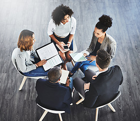 Image showing Planning, meeting and business team in office brainstorming for a project with documents and technology. Collaboration, teamwork and group of corporate employees working with a tablet and paperwork.