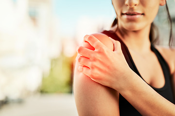 Image showing Closeup, fitness and woman with shoulder pain, sports and exercise with burnout, tired and broken. Zoom, female person and athlete with muscle tension, strain and injury with health issue and workout