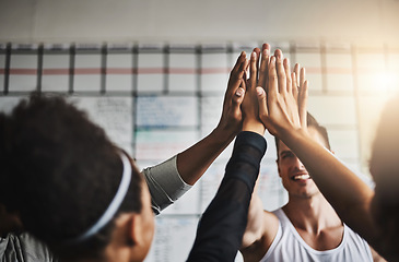 Image showing Fitness, happy and high five of people in gym for motivation, support and target. Workout, exercise and training with hands of friends in sports center for team building, challenge and achievement