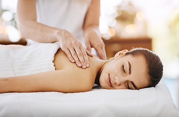 Image showing Therapy, beauty and massage with woman in spa for wellness, luxury and cosmetics treatment. Skincare, peace and zen with female customer and hands of therapist for relax, salon and detox