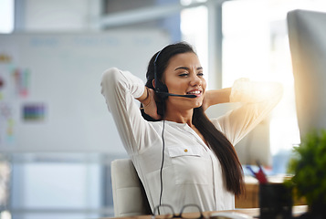 Image showing Relax, stretching or happy woman in call center consulting, speaking or talking at customer services. Virtual assistant, rest break or sales consultant in telemarketing or telecom company help desk
