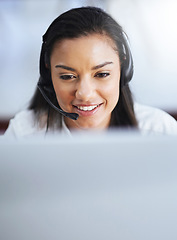 Image showing Virtual assistant, face or happy woman in call center consulting, speaking or talking at customer services. Girl, friendly smile or sales consultant in telemarketing or telecom company help desk