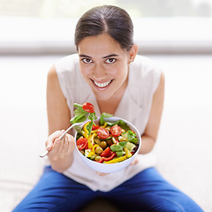 Image showing Happy woman, portrait smile and eating salad for healthy diet, food or nutrition at home. Female with bowl, fork or vegetables smiling for natural health, greens and wellness for dieting in happiness