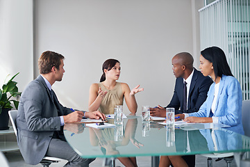 Image showing Collaboration, business meeting and team in the office planning and in discussion for corporate project. Communication, teamwork and professional employees working on strategy in workplace boardroom.