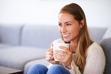 Image showing Thinking, coffee and smile of woman in home enjoying caffeine, espresso or cappuccino in living room. Happiness, tea and female person with idea in lounge, drinking beverage and relax in house mockup