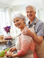 Image showing Cooking, health and portrait of old couple in kitchen for salad, love and nutrition. Happy, smile and retirement with senior man and woman cutting vegetables at home for food, dinner and recipe