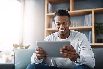 Image showing Relax, tablet and happy man on sofa reading social media meme, email or streaming video on subscription service. Happiness, internet and connection, male with smile on face and movie website on couch