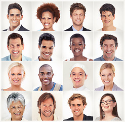 Image showing Diversity, face and collage portrait of happy people in a community group or society with career success. Profession headshot, profile picture or mosaic of men or women isolated on white background