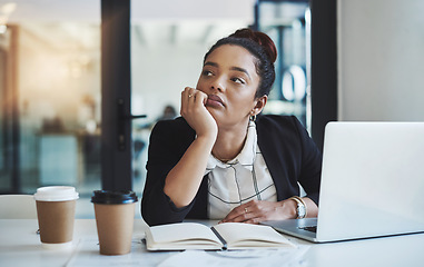 Image showing Bored, tired and businesswoman with a laptop in office while working on corporate project. Thinking, lazy and professional female employee with coffee, notebook and computer for research in workplace