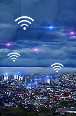 Image showing Connection, night and overlay landscape of the city with internet web access and network. Digital, dark sky and s town with cyber accessibility, connectivity and icon in the evening for networking
