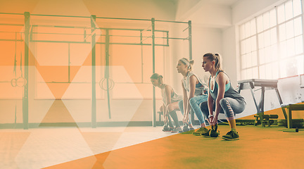 Image showing Fitness, kettlebell and women group at gym for exercise, workout and focus on training. Athlete team or people together for power challenge, lunge and strong muscle at health club with mockup overlay